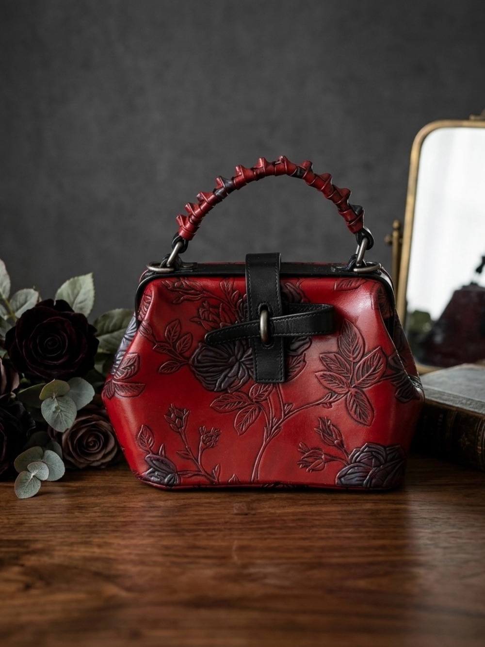 Vintage-Style Red Tooled Leather